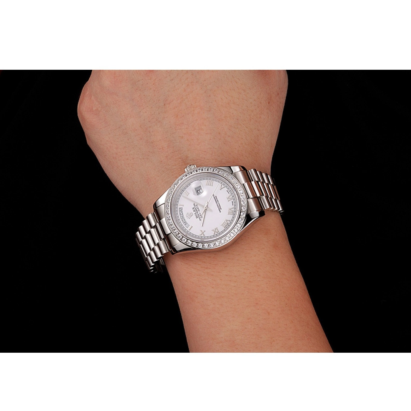 Aaa replica watch Stainless 1453967 White Day-Date Bracelet Rolex Case Steel Diamond Swiss Dial 0804